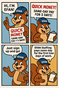 Comic strip of EFAN doing his job signing people up to work